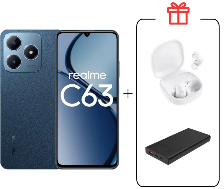 Смартфон Realme C63 8/256Gb Leather Blue + Подарок Наушники Realme Buds 6 Play White + Внешний аккумулятор 10000мАч Black купить,NaN