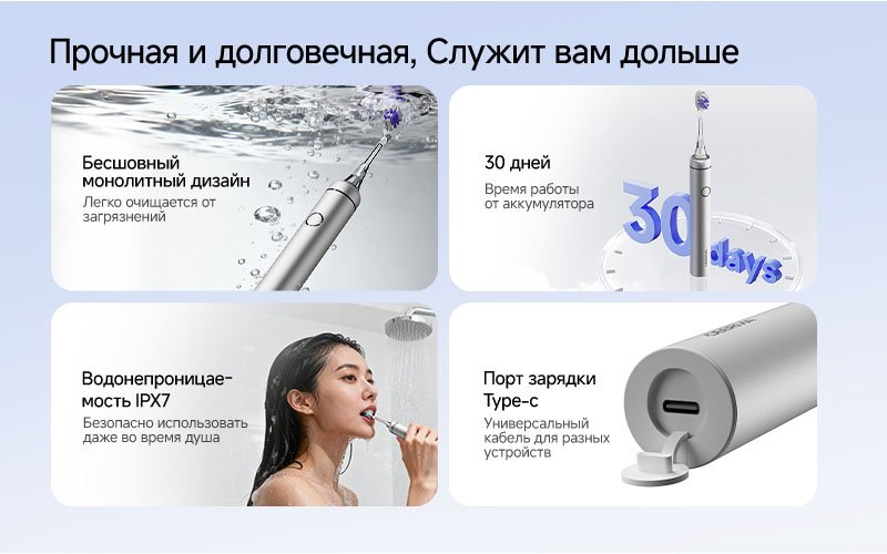 Deerma звуковая щетка YS01 щетина средняя серебристый купить,NaN