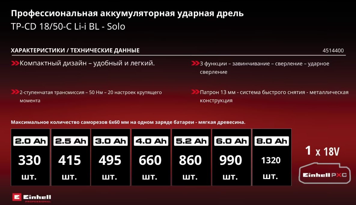 Аккум. Шуруповерт Ударный EINHELL TP-CD 18/50-C Li-i BL - Solo (4514400) купить,NaN