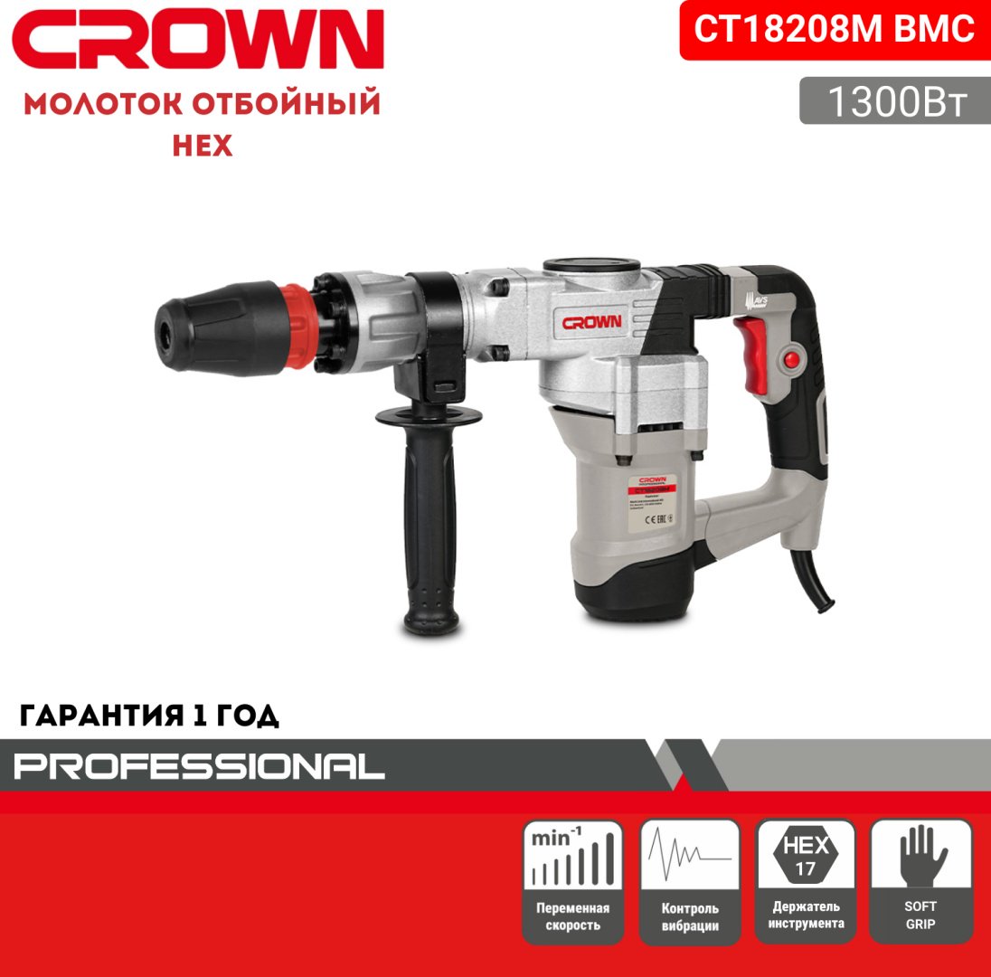 Отбойный молоток CROWN CT18208M шестигранник (HEX) купить,NaN