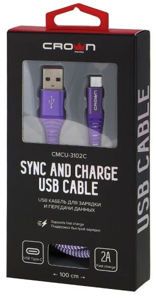 Переходник CROWN USB 2.0 (M), USB TypeC (M), 1 м, CMCU-3102C violet фиолетовый купить,1990