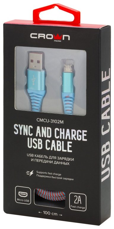 Переходник CROWN USB 2.0 (M), micro-USB 2.0 (M), 1 м, CMCU-3102M blue голубой
