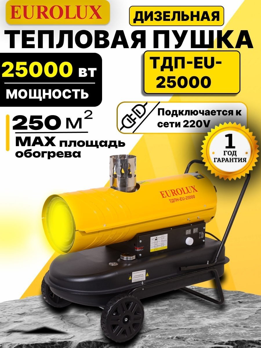 Тепловая пушка дизельная 1000 м³/ч, мощность тепловая – 25 кВт, тип топлива – дизельное, бак – 36 л, вес – 25 кг ТДПН-EU-25000 67/1/54 купить,NaN