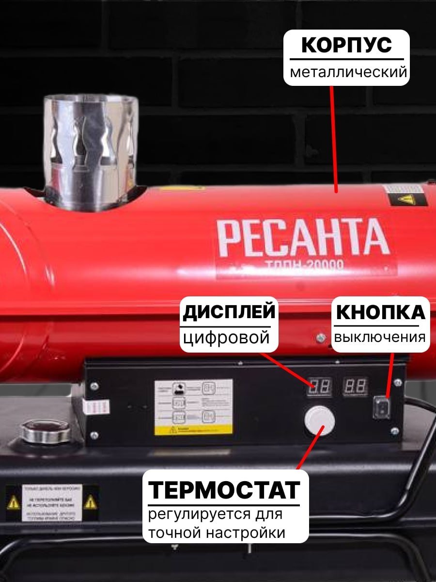 Тепловая пушка дизельная 800 м³/ч, мощность тепловая – 20 кВт, расход топлива – 1.55 кг/ч, тип топлива – дизельное (допускается керосин), бак – 36 л, непрямой нагрев Ресанта ТДПН-20000 67/1/30