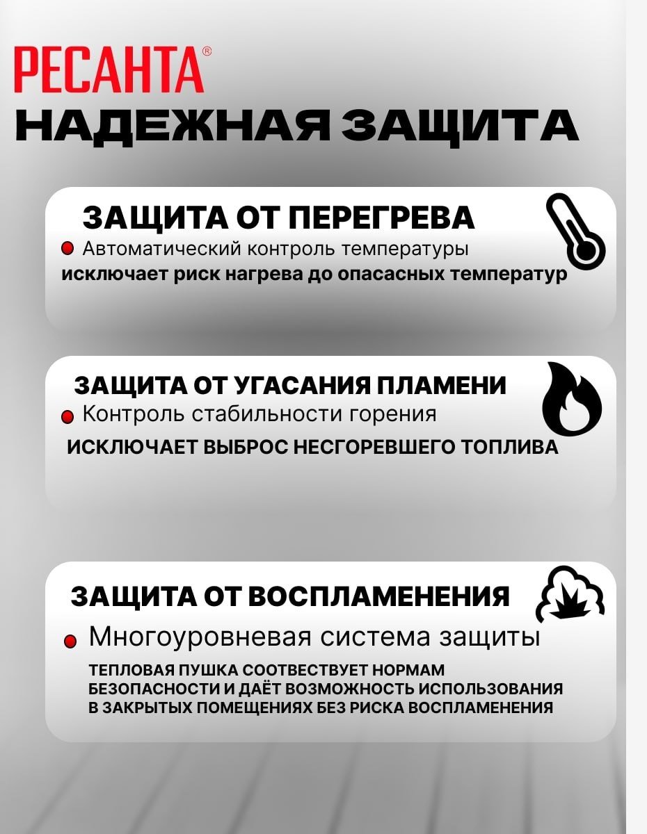Тепловая пушка дизельная 800 м³/ч, мощность тепловая – 20 кВт, расход топлива – 1.55 кг/ч, тип топлива – дизельное (допускается керосин), бак – 36 л, непрямой нагрев Ресанта ТДПН-20000 67/1/30