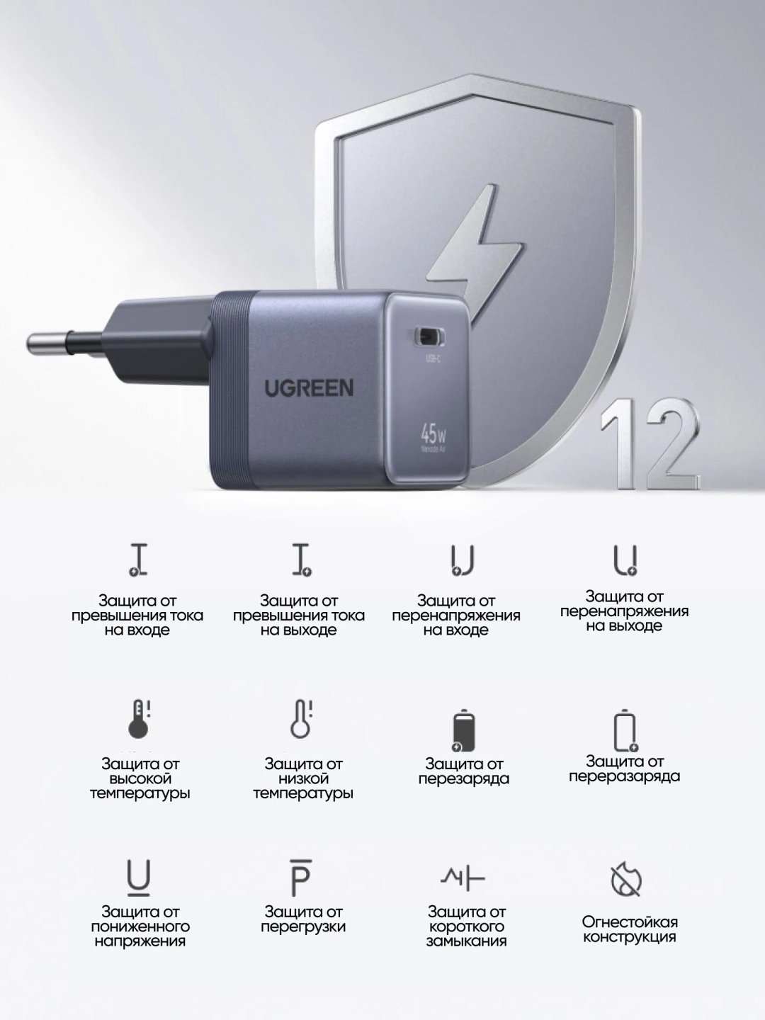 Зарядное устройство Ugreen X840 USB Type-C 45 Вт серый купить,NaN