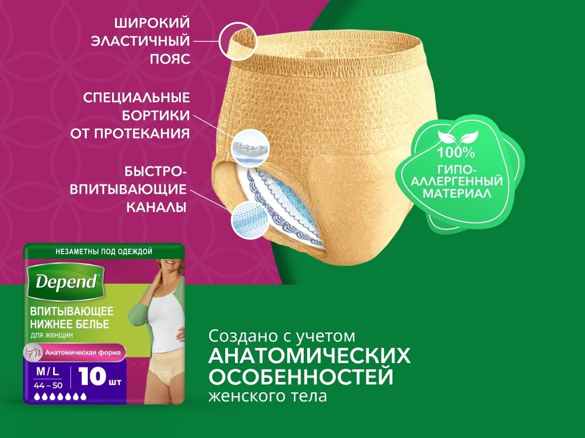 DEPEND Впитывающее нижнее белье для женщин M/L 10 шт купить,NaN