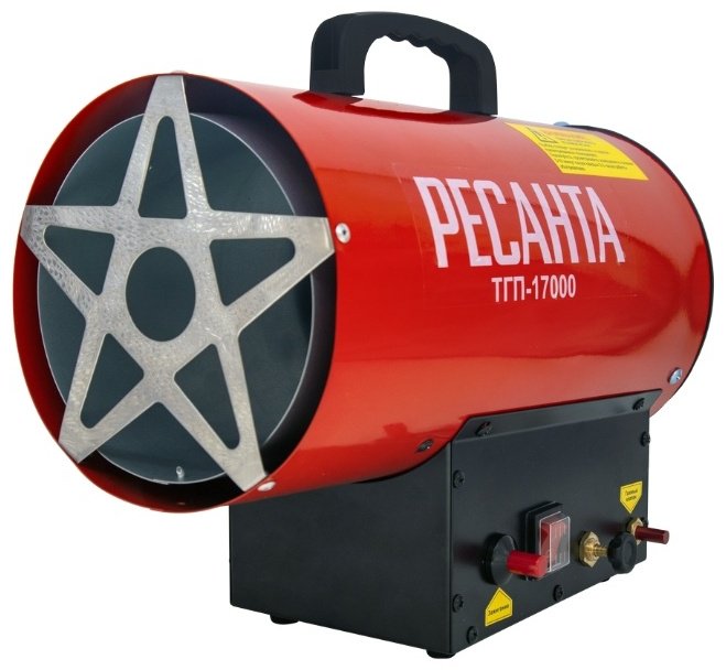 Тепловая пушка газовая 450 м³/ч, мощность тепловая – 11-17 кВт, расход топлива – 0.83-1.23 кг/ч, тип топлива - пропан, пропан-бутан, бутан Ресанта ТГП-17000 67/1/39