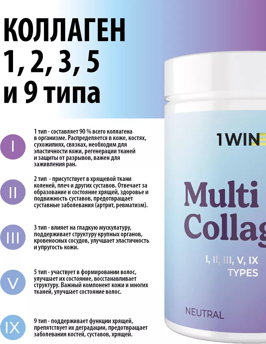1WIN Мульти коллаген 1, 2, 3, 5 и 9 типа, нейтральный вкус порошок 240