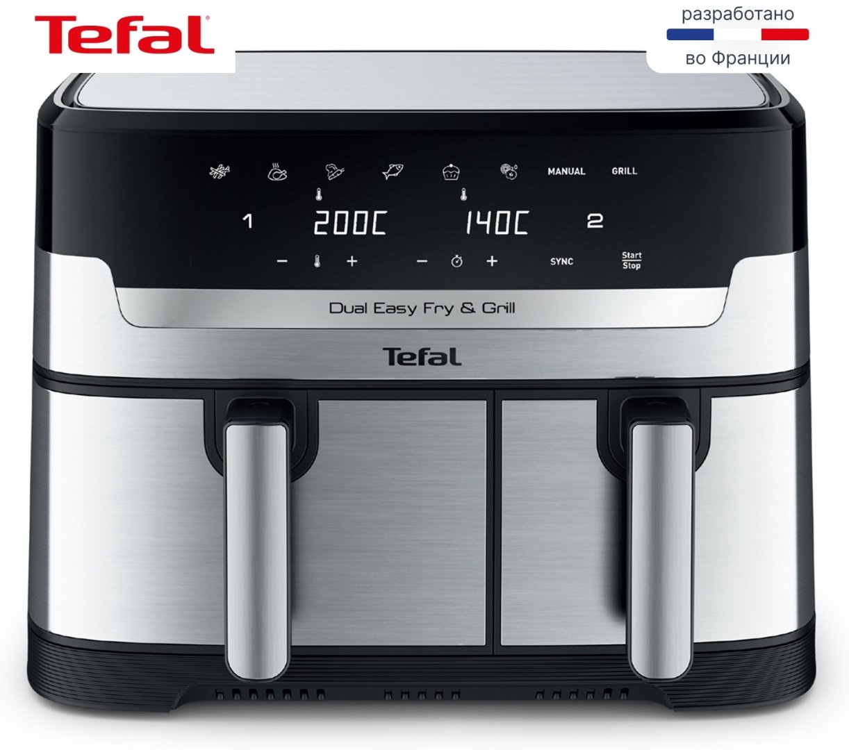 Двойной аэрогриль Tefal Dual Easy Fry&Gril EY-905D10 8.3 л черный, серебристый купить,134990