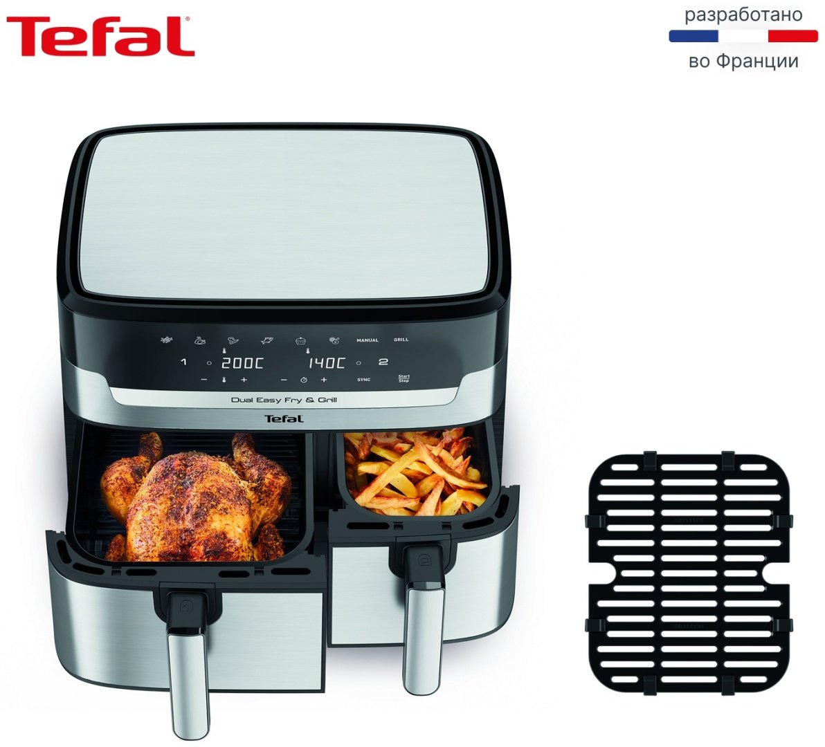 Двойной аэрогриль Tefal Dual Easy Fry&Gril EY-905D10 8.3 л черный, серебристый купить,134990