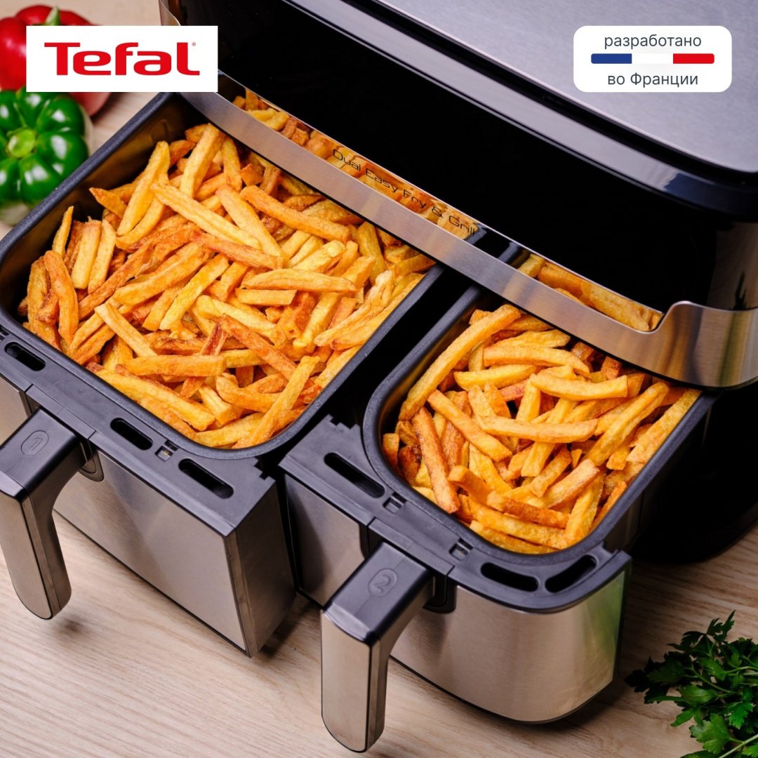 Двойной аэрогриль Tefal Dual Easy Fry&Gril EY-905D10 8.3 л черный, серебристый купить,134990