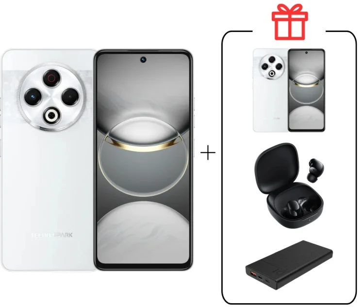 Смартфон Tecno Spark 30 8/128Gb Astral Ice + Подарок Смартфон Tecno Spark 30 8/128Gb Astral Ice + Подарок Наушники Buds 6 Play Black + Подарок Внешний аккумулятор 10000мАч Black
