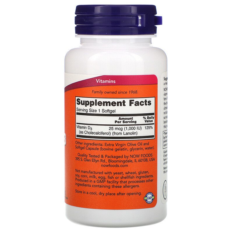 Now Foods Vitamin D-3 1000 IU 180 капсул купить,0