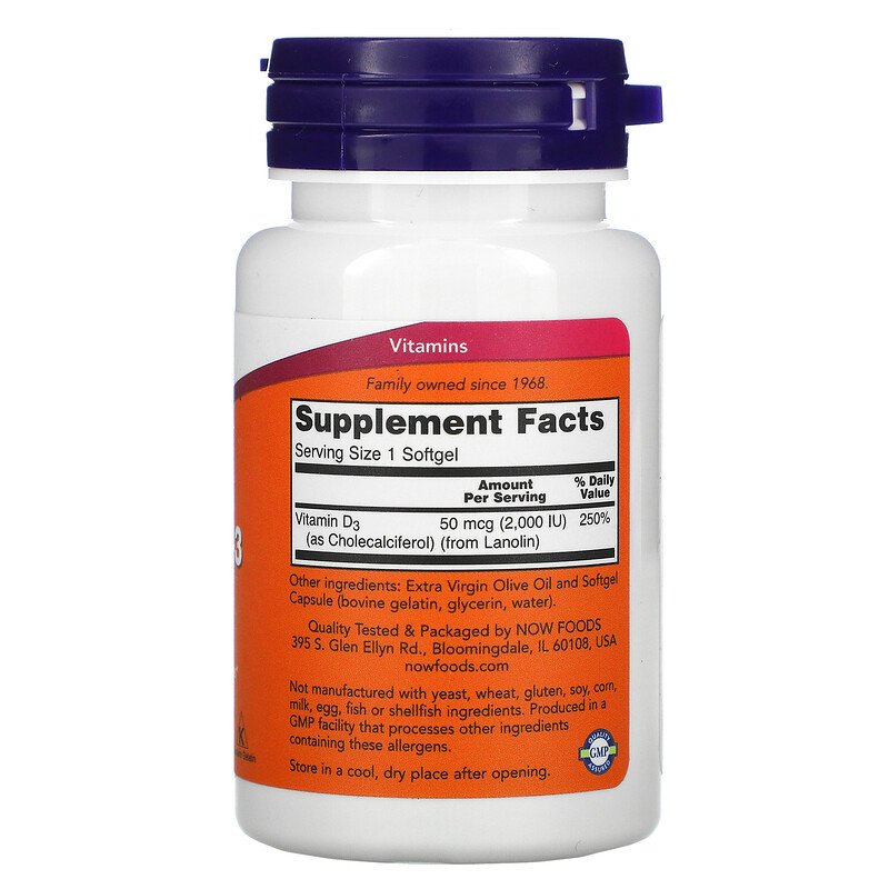 Now Foods Vitamin D-3 2000 IU 120 капсул купить,0