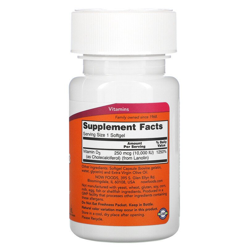 Now Foods Vitamin D-3 10000 IU 120 капсул купить,0