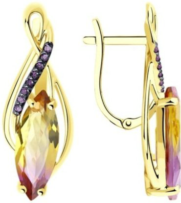 Серьги Diamant 53-320-00761-2 вес 4.47 г золото, ситалл, аметрин, фианит купить,NaN