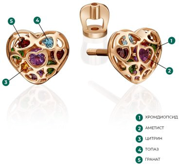 Пусеты PLATINA 02-4565-00-728-1110-57 вес 1.97 г золото, аметист, гранат, топаз, цитрин, хромдиопсид купить,NaN