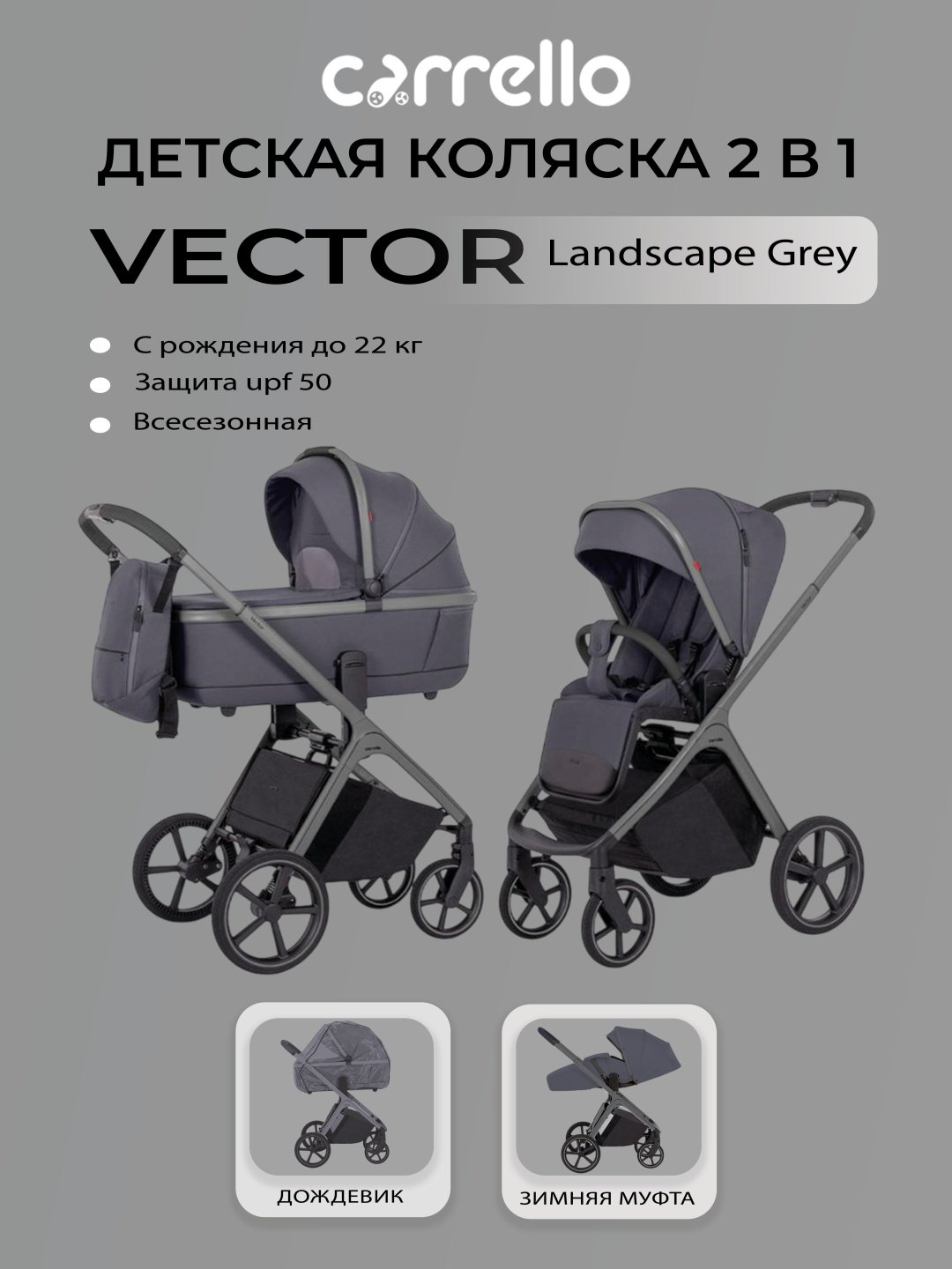 Коляска универсальная 2 в 1 CARRELLO Vector, серый - ForteMarket Коляска универсальная 2 в 1 CARRELLO Vector, серый купить,374390