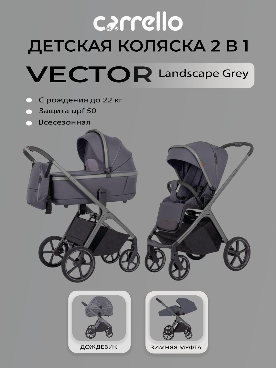 Коляска универсальная 2 в 1 CARRELLO Vector, серый - ForteMarket Коляска универсальная 2 в 1 CARRELLO Vector, серый купить,374390