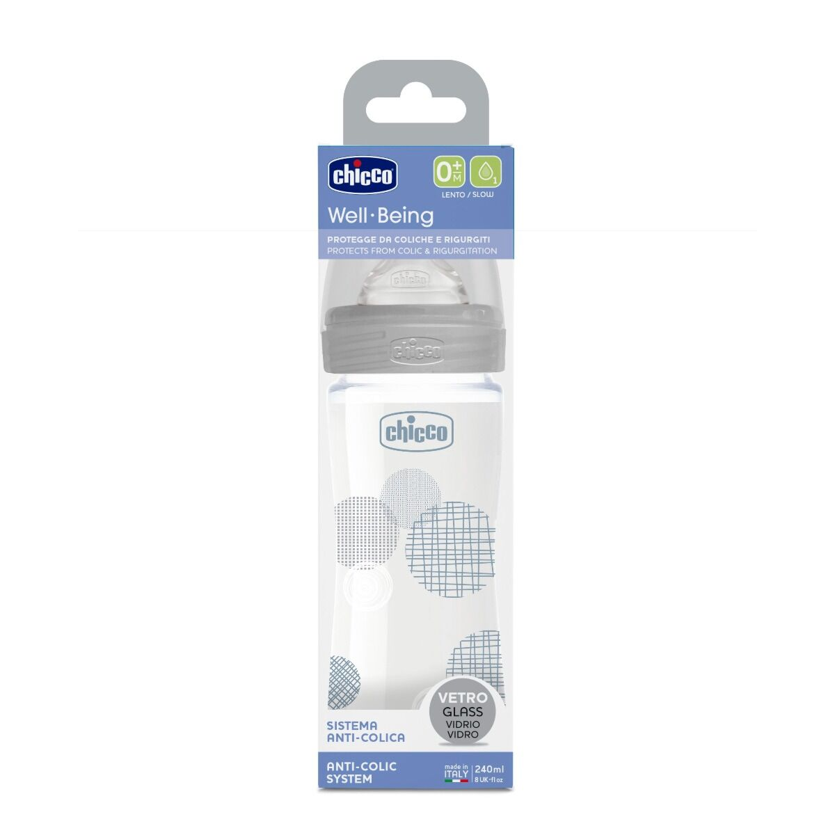 Бутылочка Chicco для кормления Wellbeing силикон 240 мл 0м+ стекло серое купить,NaN