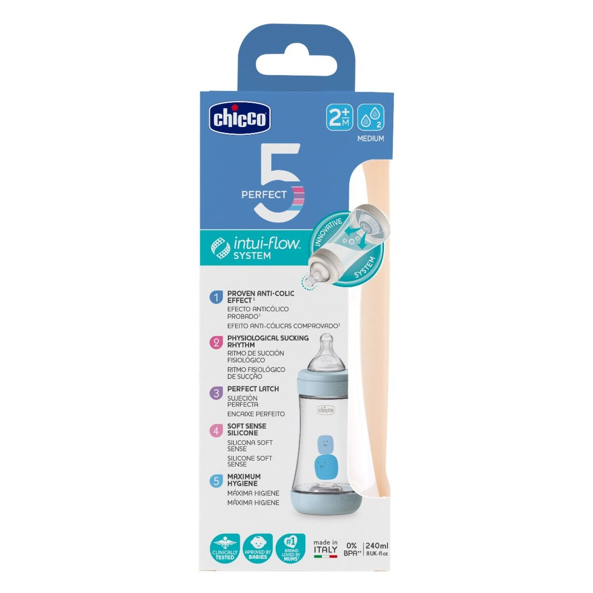 Бутылочка для кормления Chicco Perfect5 силикон 240 мл 2м+ голубая купить,NaN