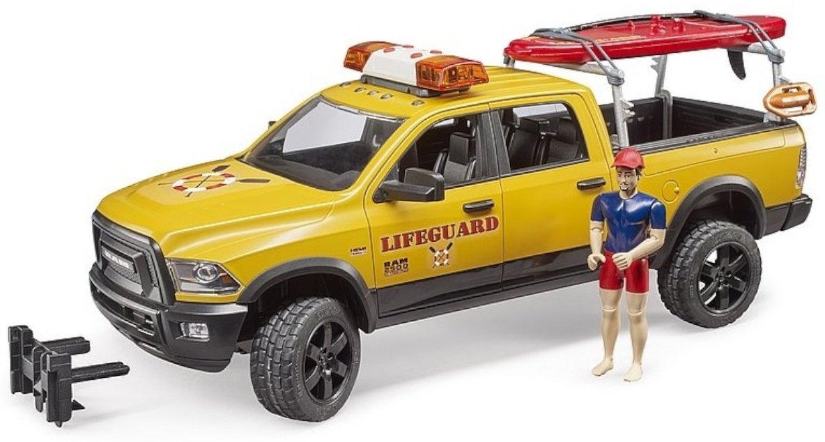 Внедорожник Bruder RAM 2500 спасательный с фигуркой, доской и звуковым модулем желтый купить,NaN