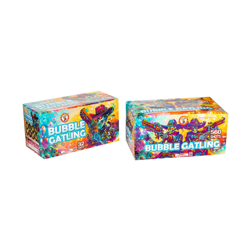 Разнокалиберная батарея салютов Winda Fireworks Bubble Gatling 560+32 залпа калибр 18-30мм