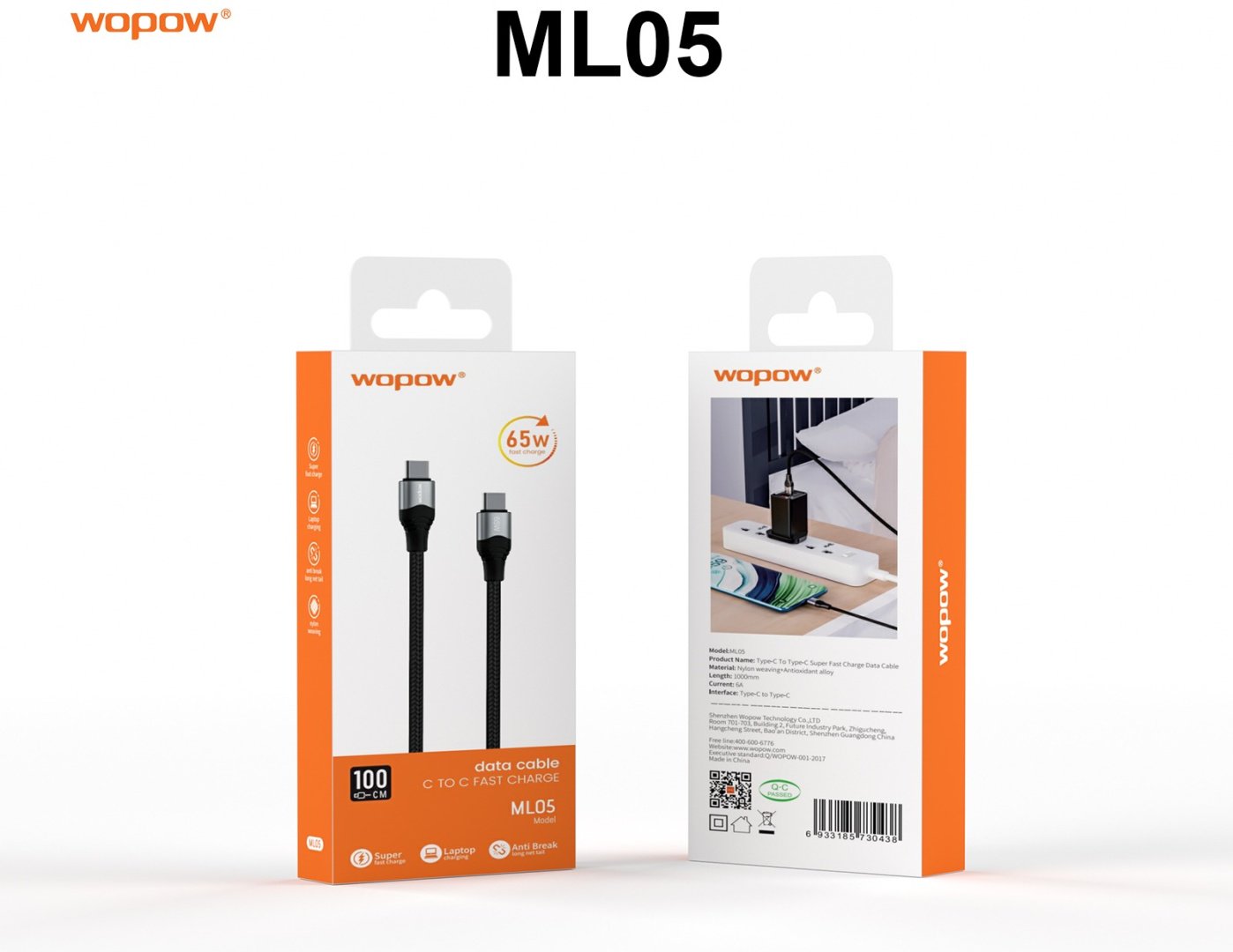 Кабель Wopow USB 4 Type-C (M), 1 м, ML05 черный купить,1570