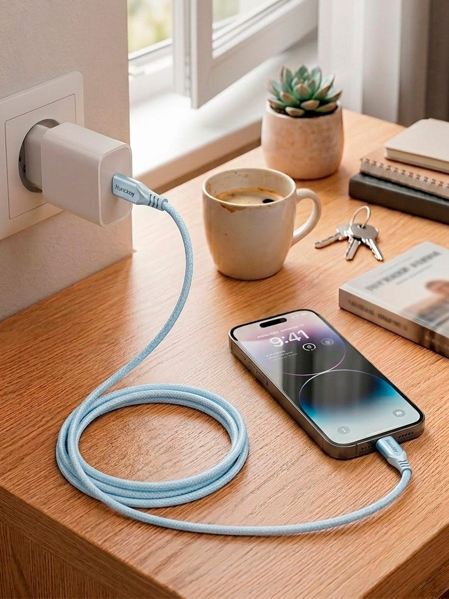 Кабель HuntKey Lightning, USB TypeC (M), 1.5 м, голубой купить,NaN