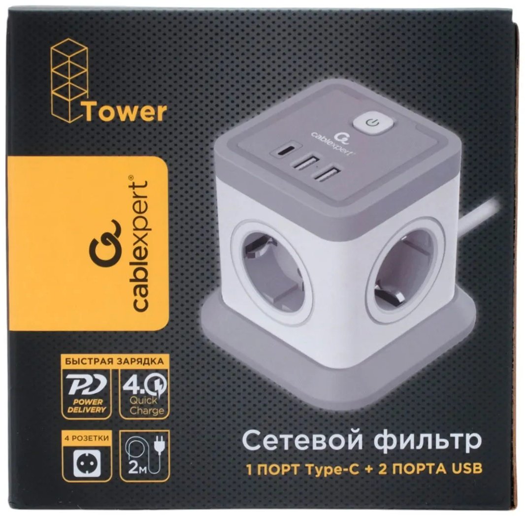 Сетевой фильтр Cablexpert TWR-4-CU2-W-2, 1.5 м купить,NaN