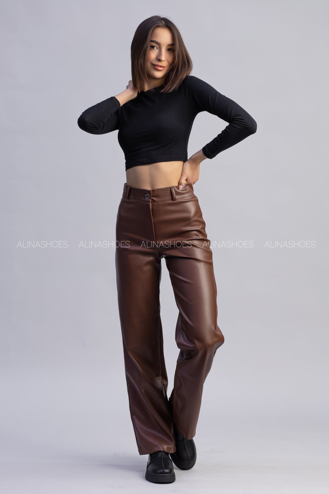 Кожаные брюки alinashoes коричневый купить,NaN
