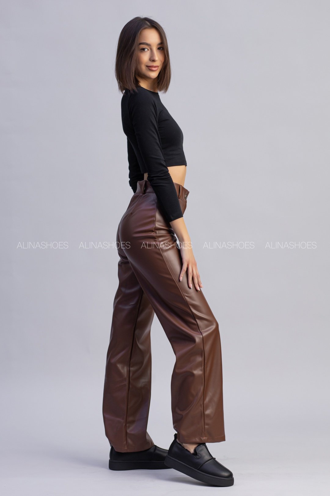 Кожаные брюки alinashoes коричневый купить,NaN