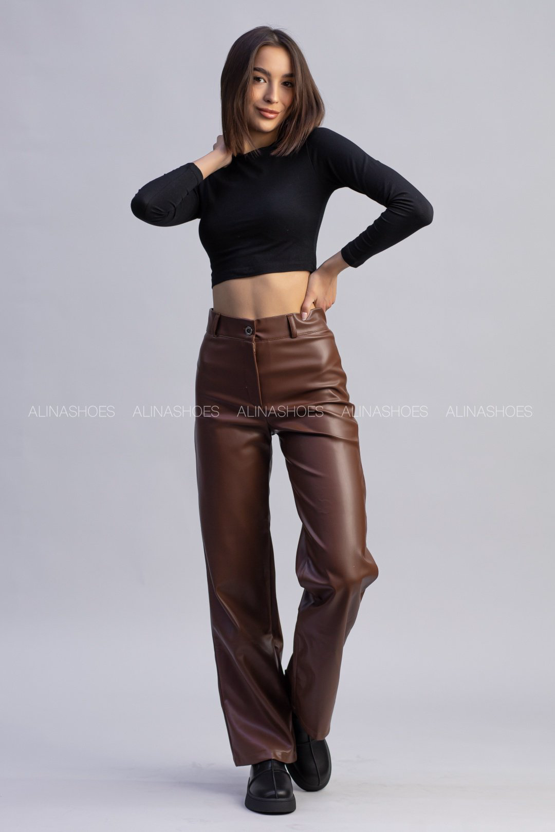Кожаные брюки alinashoes коричневый купить,NaN