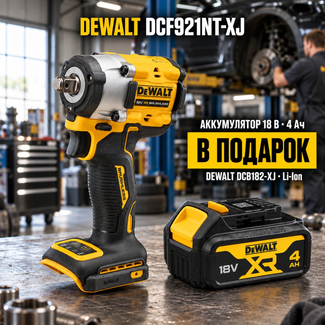Гайковерт DeWALT DCF921NT-XJ + аккумулятор в подарок 18В, 4.0 А·ч, DCB182-XJ