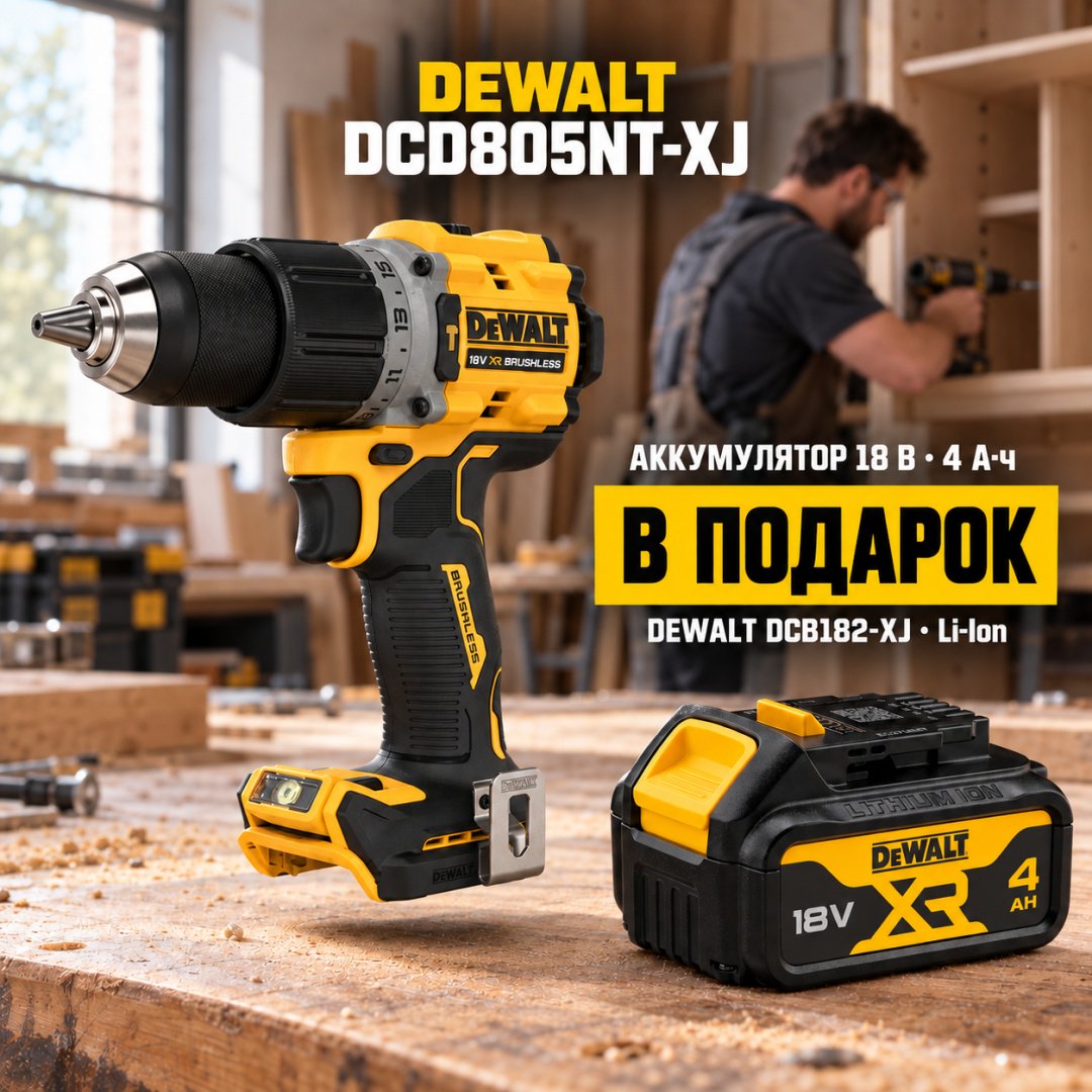 Дрель-шуруповерт DeWALT DCD805NT-XJ + аккумулятор в подарок 18В, 4.0 А·ч, Li-Ion, DCB182-XJ купить,123990