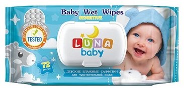 Салфетки влажные детские Sensitive (с клапаном), Luna Baby, 72 шт купить,NaN