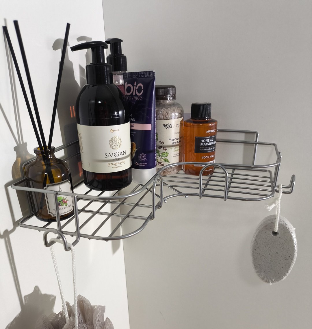 Полка для ванной П24431 с вешалками Sanflor, угловая, хром зеркальный