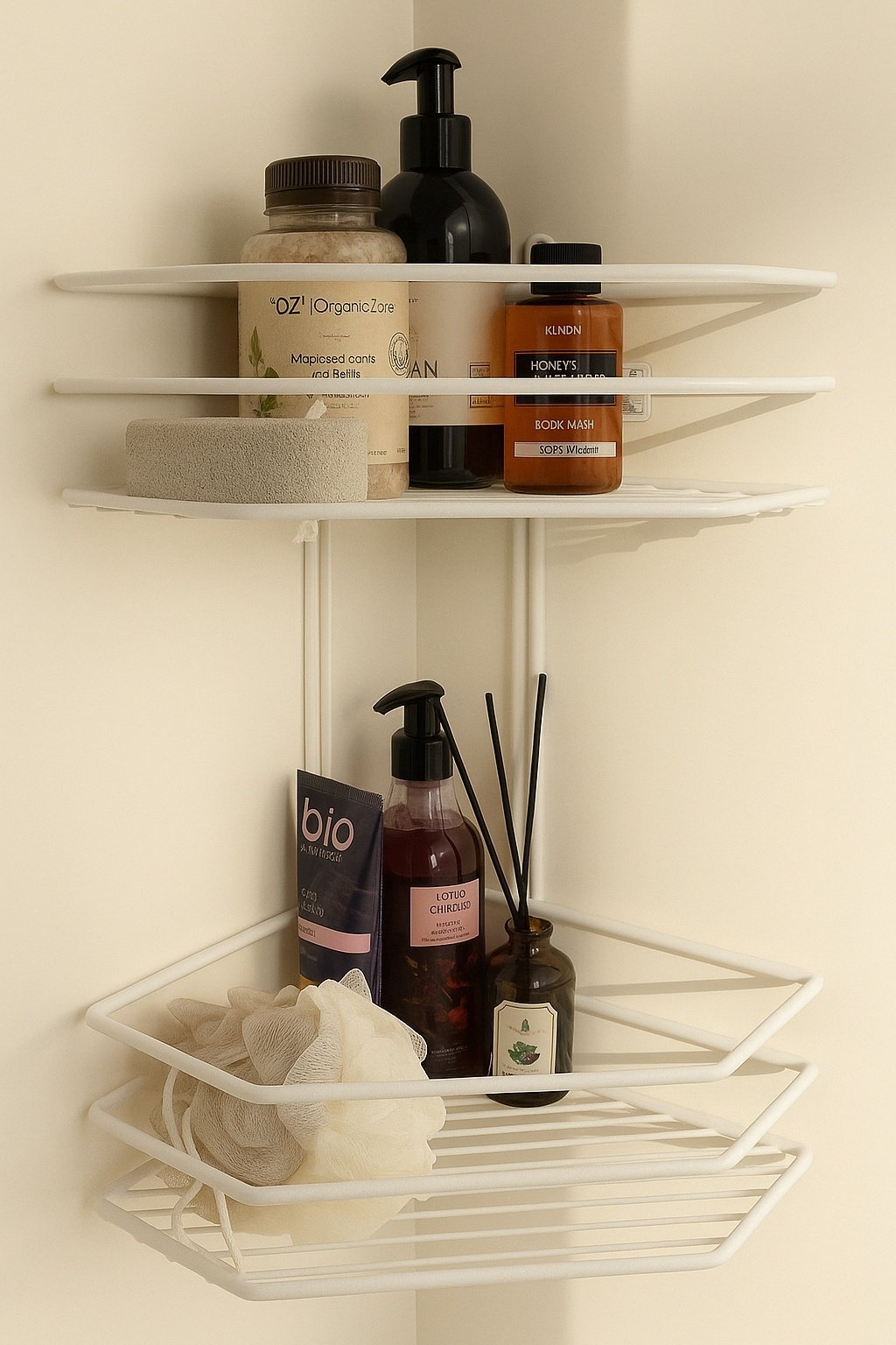 Полка для ванной П0002014 угловая трапеция 2 яруса ProfFero, белый муар