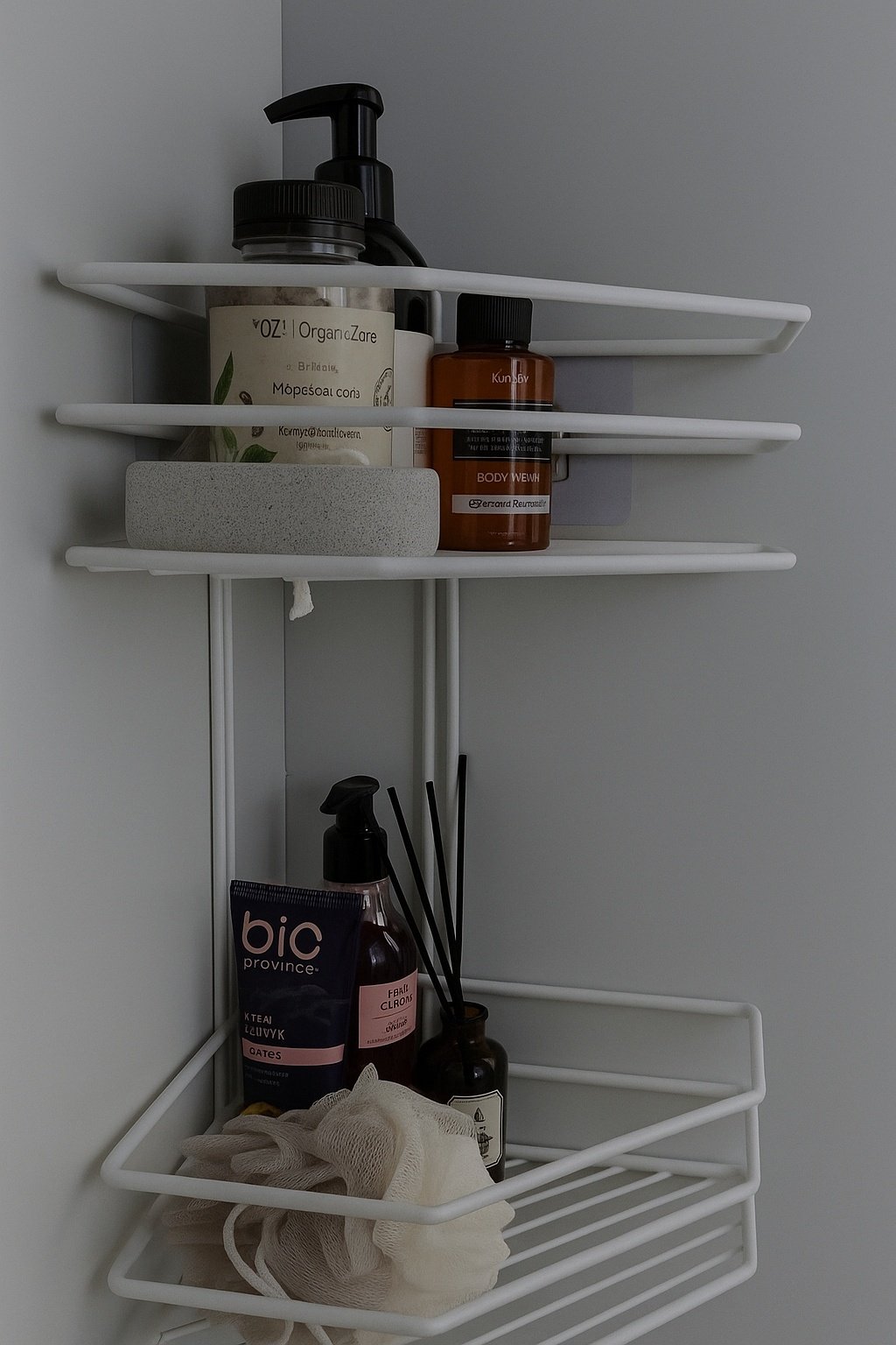 Полка для ванной П0002014 угловая трапеция 2 яруса ProfFero, белый муар