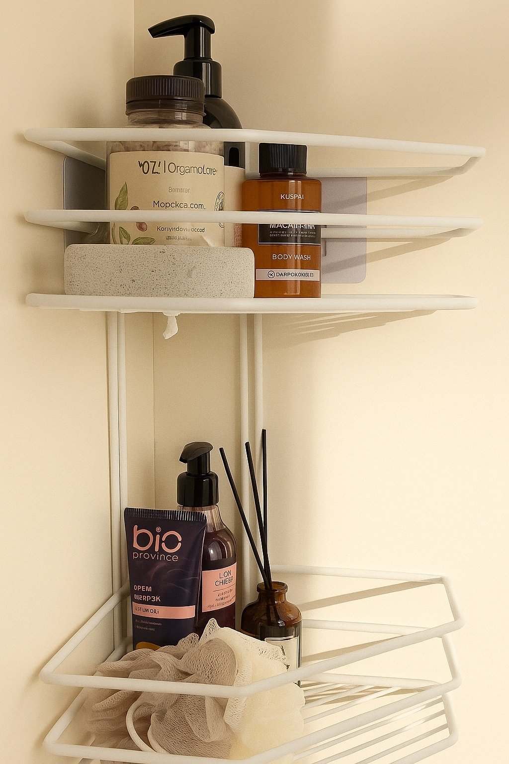 Полка для ванной П0002014 угловая трапеция 2 яруса ProfFero, белый муар