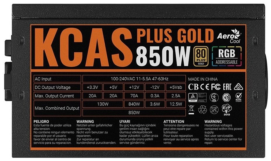 Блок питания AeroCool KCAS Plus Gold RGB 850W