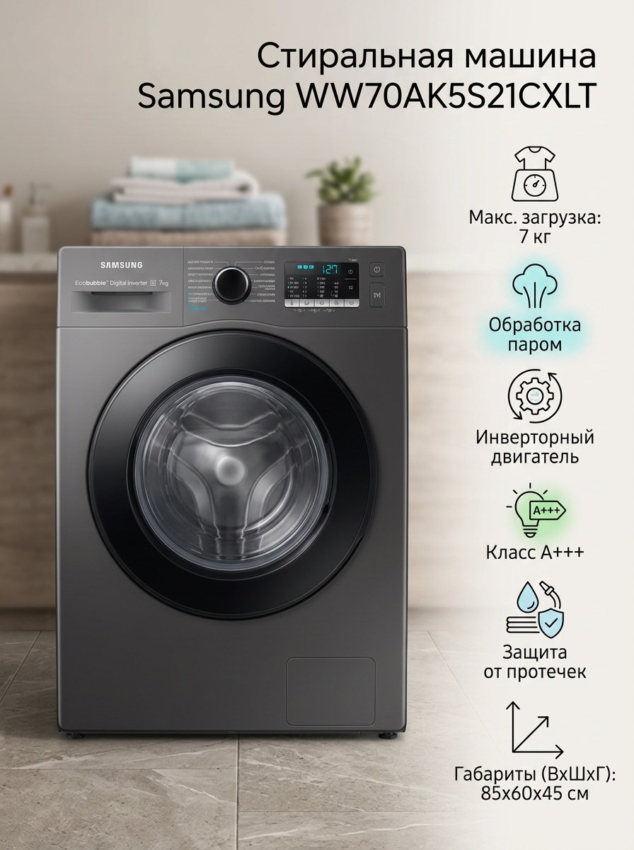 Стиральная машина Samsung WW70AK5S21CXLT 7 кг черный купить,197868