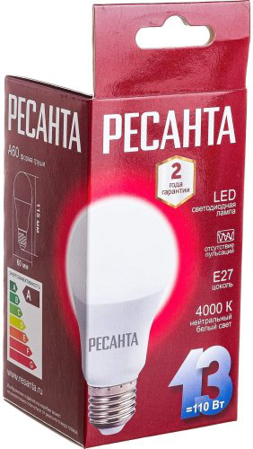 Лампочка РЕСАНТА LL-R A60 13W 230 4K E27 купить,NaN