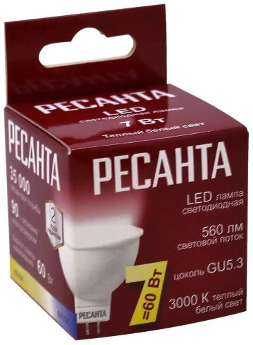 Лампочка Ресанта LL-R-MR16-7W-230-3K-GU5.3 1 шт купить,NaN