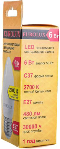 Лампочка Eurolux LL-E C37 6W 230 2.7K E27 купить,NaN