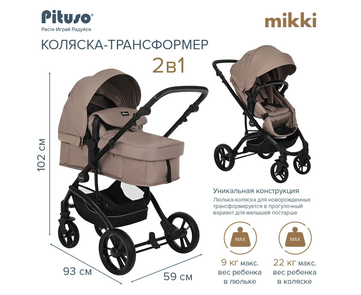 Коляска трансформер Pituso Mikki G16 cappuccino black PU купить,NaN
