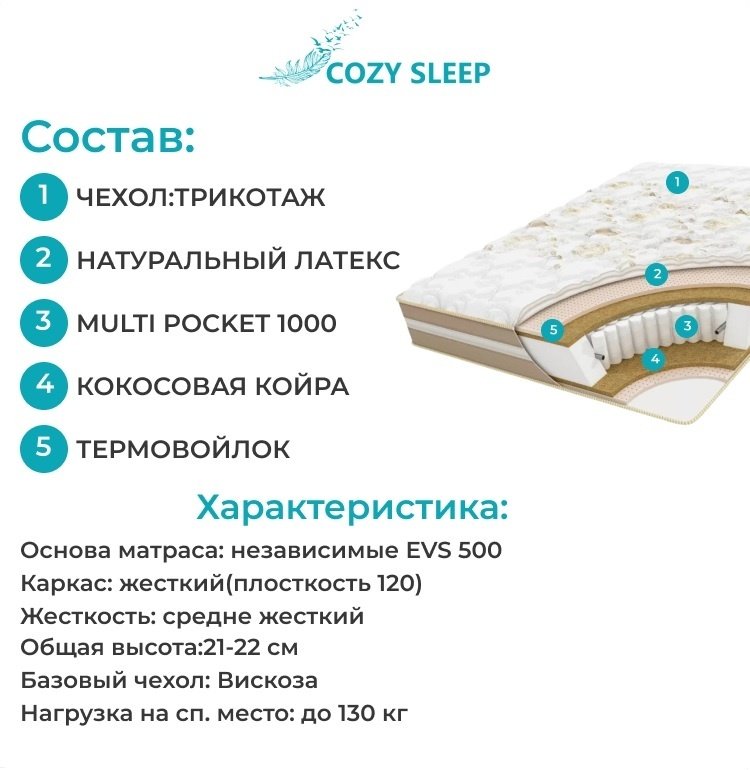 Матрас Cozy Sleep lux balance, 160x200x21 см, чехол трикотаж купить,190000