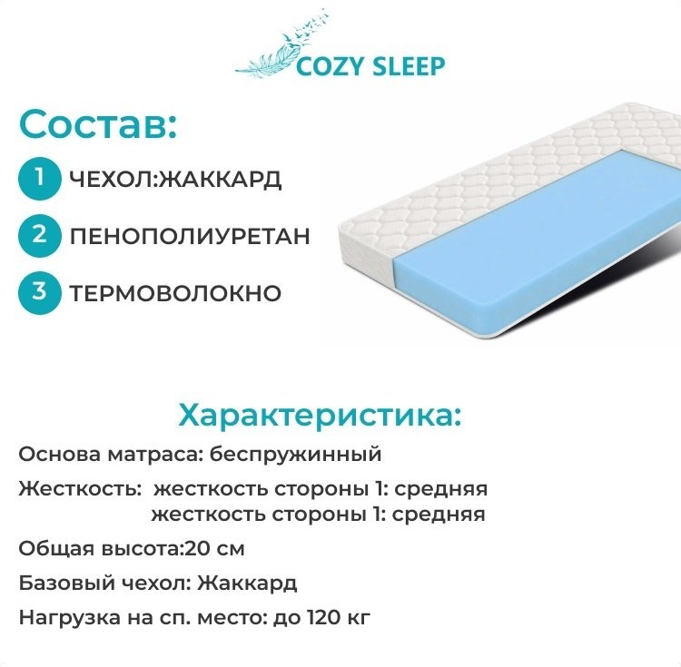 Матрас Cozy Sleep Беспружинные №1, 120x200x20 см, чехол жаккард, белый купить,59400