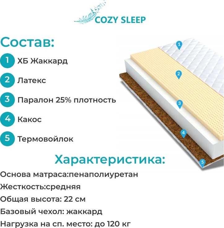 Матрас Cozy Sleep Беспружинные №3, 190x200x22 см, чехол жаккард купить,133000
